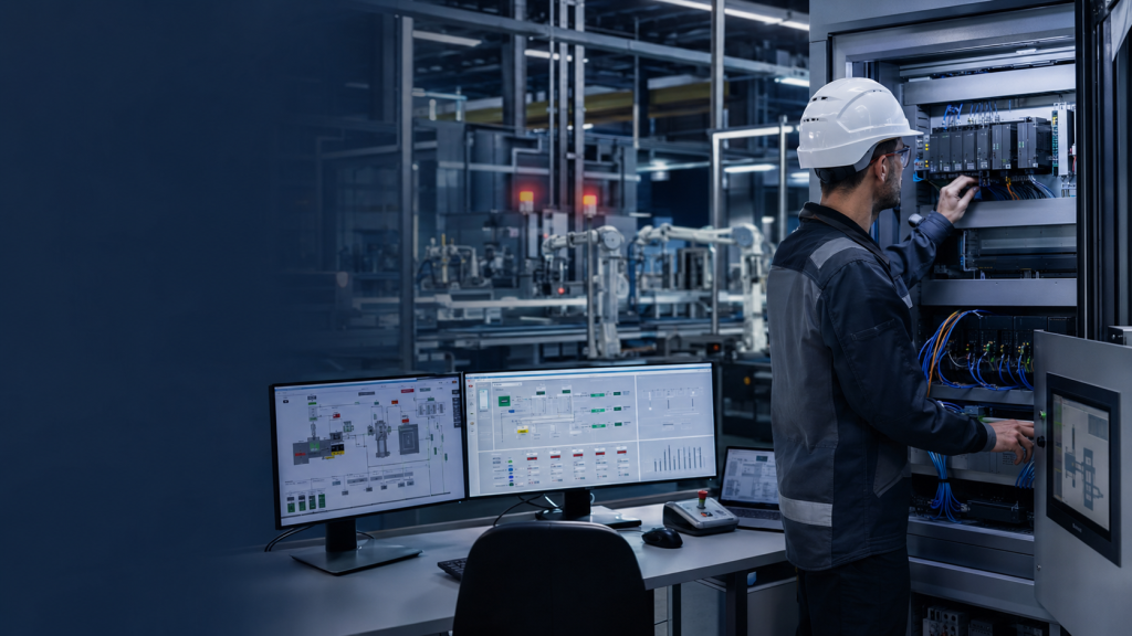 Ingeniero configurando PLC, HMI y sistema SCADA en una planta automatizada