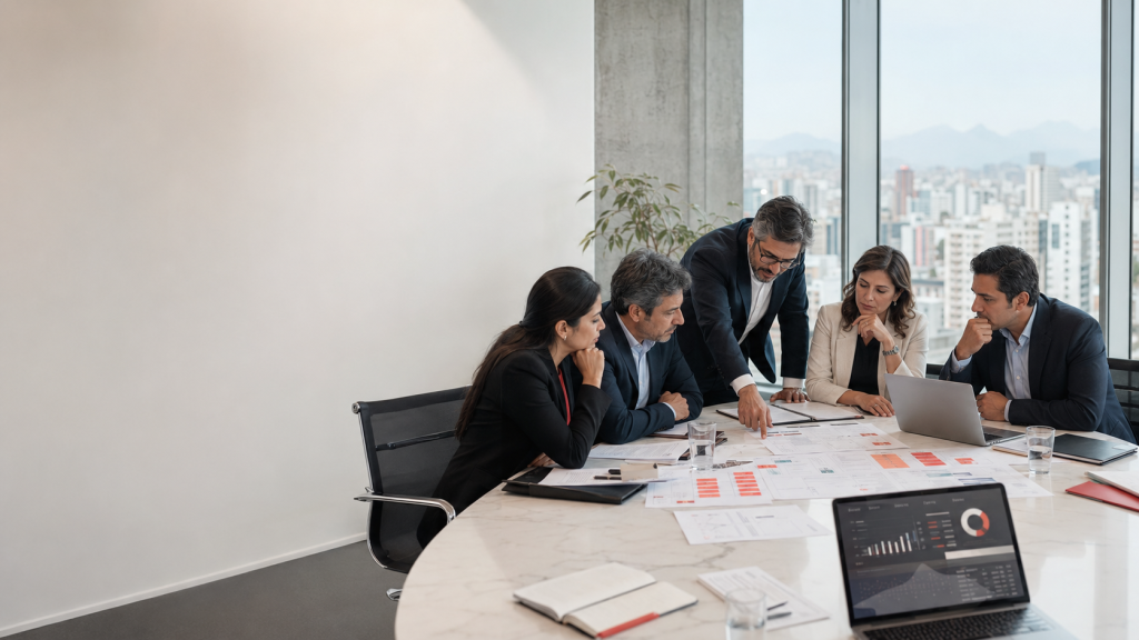 Equipo consultor analizando estrategia, procesos y resultados empresariales